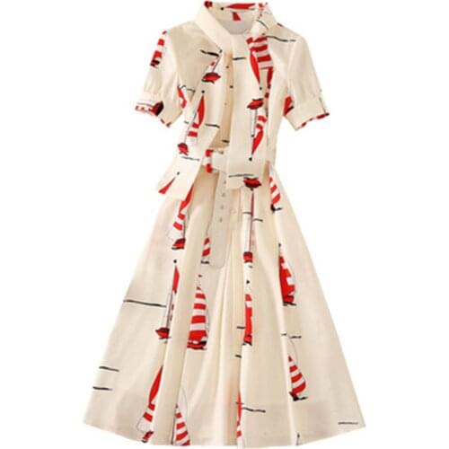 Dress Womens Mid-Length Retro Temperament Thin Lapel Short-Sleeved Boat Print Fairy Skirt Soft and Breathable TT@88