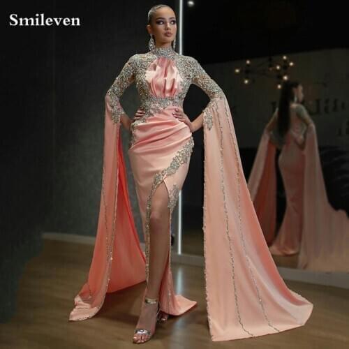 Smileven Pakistan Peach Mermaid Formal Evening Dresses High Neck Luxurious Crystal African Prom Gowns Long Sleeve outfit Dresses