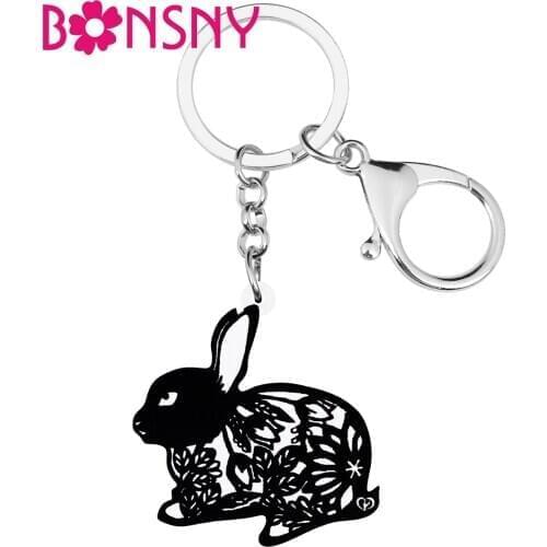 Bonsny Acrylic Black Easter Chinese Paper Cutting Hare Rabbit Bunny Keychains Animal Keyring Jewelry For Women Kid Festival Gift