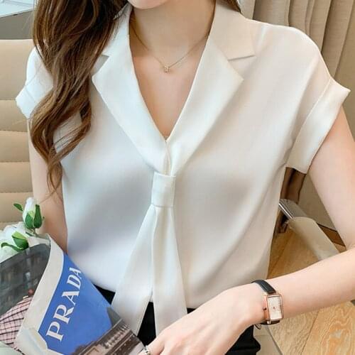 Blusas Blouses Top Femme Short Sleeve Chiffon Blouse Shirt Tops Women Blusas Mujer De Moda 2021 Bow V-Neck Blouse Women E935