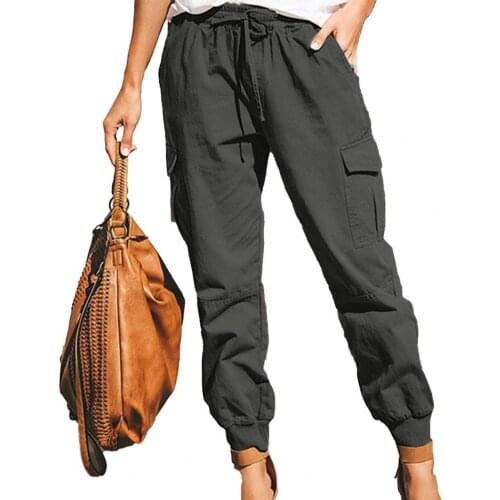 Cargo Pants Solid Color Drawstring Women Multi Pockets Ankle Tied Trousers for Work streetwear pants 2021 Black xxxl