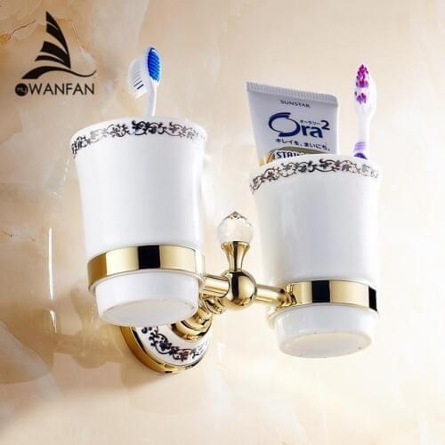 Cup & Tumbler Holders Retro Brass Material Wall Mounted Bathroom Fitting Accessories Crystal Chrome Gold Double Cup Holders 6308