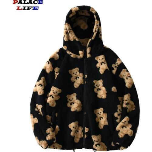 Fleece Hooded Jackets Streetwear Casual Harajuku Hip Hop Men Women Fashion Bear Print Full Zip Couple Hooded Coat Tops Outwear