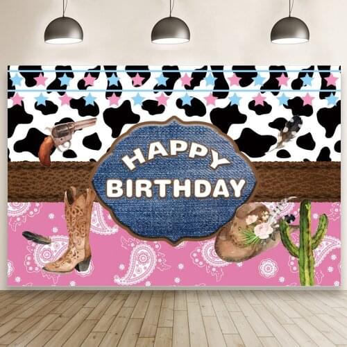 Cowboy Boots Cow Spot Pink Theme Backdrop Birthday Party Baby Shower Decor Photo Photography Background Studio Shooting Custom