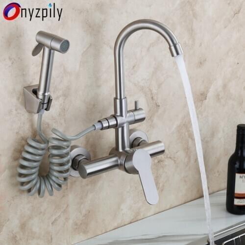 Onyzpily Brushed Nickel 304 stainless steel Kitchen Sink Faucet Mixer Tap Stream Sprayer Head Wall Installation