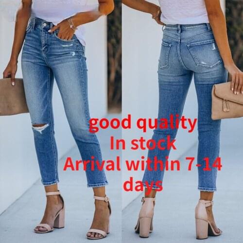 Summer ripped jeans Mandylandy mid-rise skinny jeans womens old denim pants ripped pencil pants casual pants