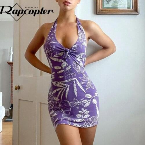 Rapcopter Floral Mini Dress y2k Aesthetic Short Dress Tie Up Halter Sundress Women Beach Holiday Party Dress Streetwear 2021 90s