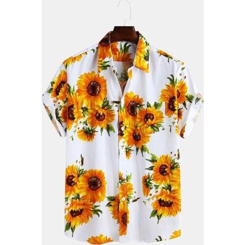 Fashion British Sunflower Digital Printed Shirt Mens Premium Cardigan Short Sleeve Travel Lapel Mens 2021 Summer Shirt