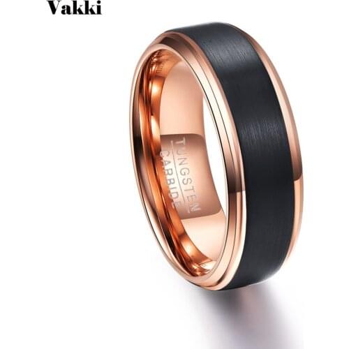 VAKKI Round Rose Gold Black Men Rings Tungsten Carbide Wedding Bands Anillos para hombres Ring Party Ring