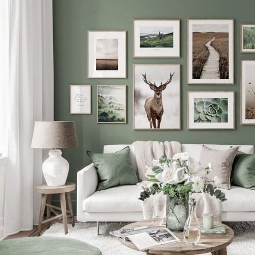 Nordic Fog Forest Deer Animal Canvas Wall Art Print Painting Mountain Lake Landscape Poster Nature Decorative Picture Home Decor