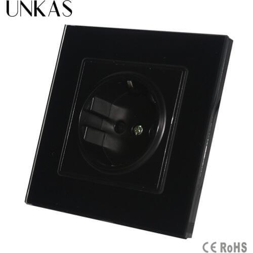 UNKAS New Arrived 16A EU Standard Wall Outlet without Plug EU Power Socket, Black Crystal Glass Panel, GB-C7C1EU-1