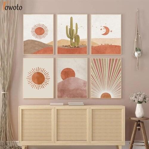 Boho Abstract Poster Print Landscape Wall Art Desert Sun And Moon Cactus Canvas Painting For Living Room Decoration Home Picture