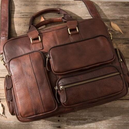 Retro Multifunctional Oil Leather Briefcase Mens Bag Leather Business Handbag Men Shoulder Bag Computer Bag 2020 Original Soft