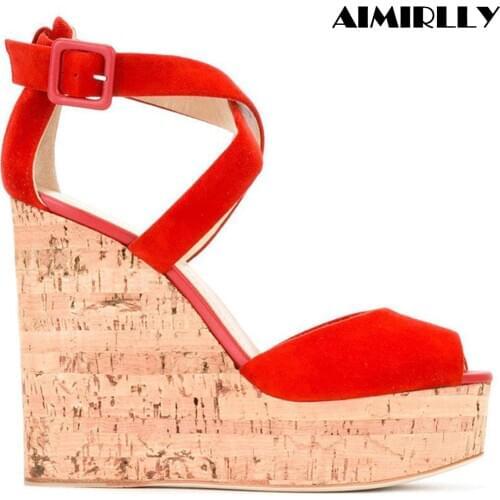 Womens Cork Wedge Sandals Sky High Platform High Heel Summer Shoes Cross Strap Cover heel Comfortable RED Faux Suede Aimirlly