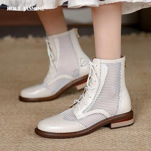 Cool Boots Women 2021 New Summer Genuine Leather British Style Hollow Hole Mesh Martin Boots Women Thick Heel Mesh Boots Women