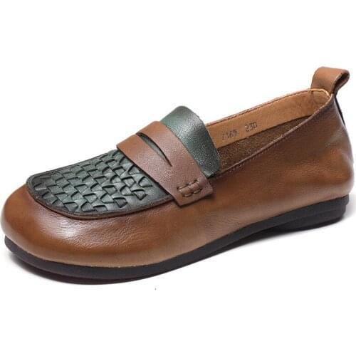 2021 New Premium Cowhide Splicing Spell Color Tide Shoes Woman Full Leather Shoes Flat Soft Sole Comfortable Shoes Trendy Flats