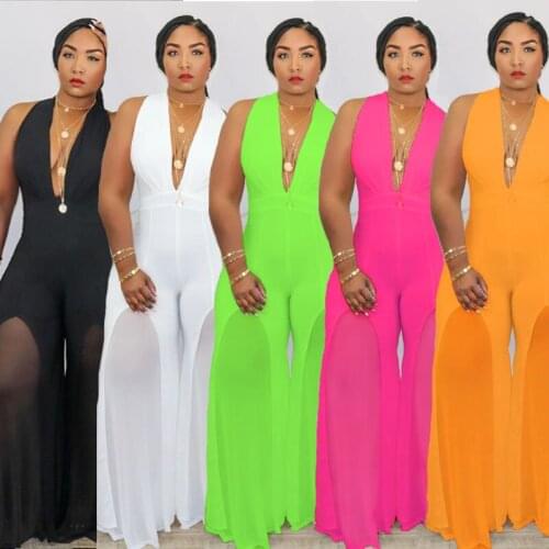 Large Size 5XL Womens V-neck Halter Stitching Chiffon One-piece Wide-leg Pants Bodycon One Piece Outfit Long Jumpsuit Elegant