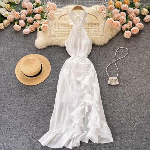 Women White Halter Party Dress Summer Sexy Evening Dresses Elegant Ruffle Sundress Ladies Vestidos Female Clothing Atopos 2021
