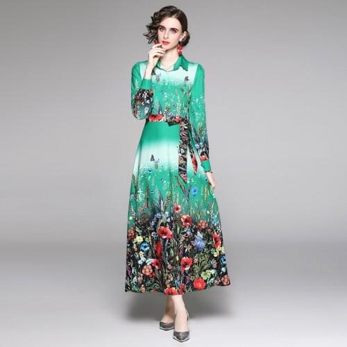 Runway Autumn Spring Vintage Long Sleeve Print Floral High Waist Boho A-Line Party Maxi Dress Elegant Long Dresses Women 2021
