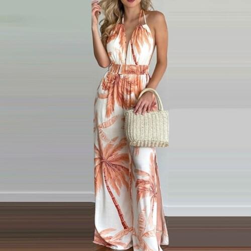 2021 Women Summer Tropical Print Halter V Neck Wide Leg Jumpsuit Backless Sexy Casual Beachwear Vacation Sleeveless Jumpsuits