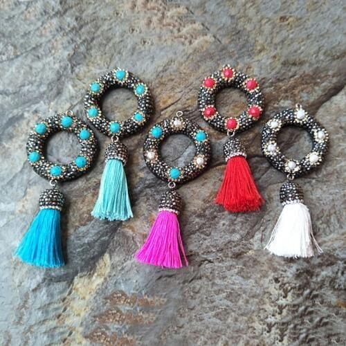5pcs Pave Rhinestone Stone & Pearl Round Shape Colorful Tassel Cord Charm Pendants DIY necklace earrings Jewelry Finding PD638