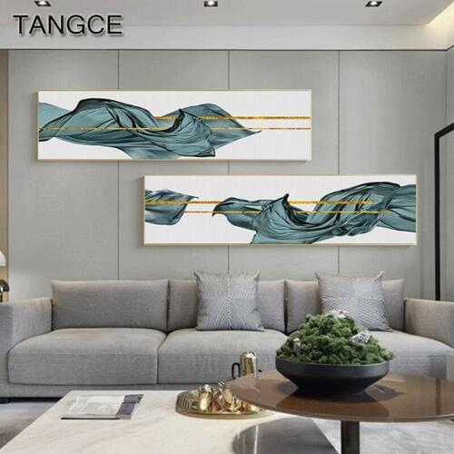 Abstract Green Silk Canvas Painting Gold Lines Poster and Print for Living Room Wall Picture For Bedroom Unique Wall Art Poster