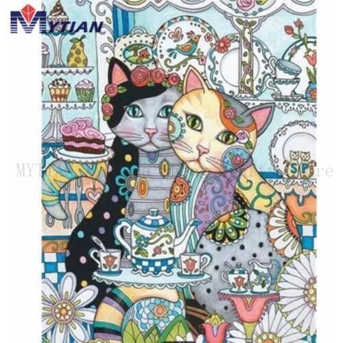 MYTIAN 5D DIY Diamond Painting,Mandala Inspired Cats,Teatime,Desert,Diamond Embroidery Full Square Round Drill Paint Home Decor