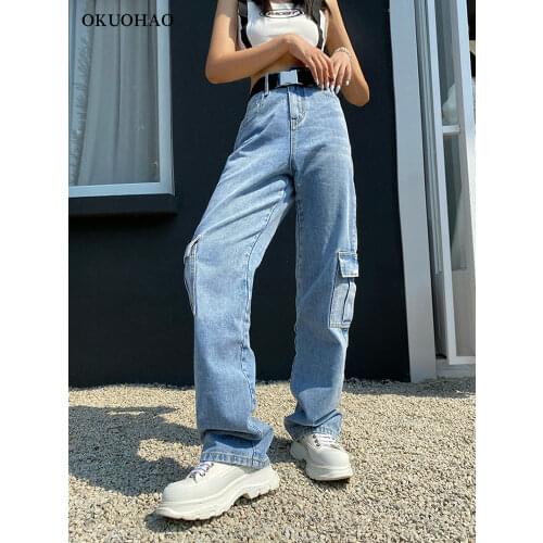 Pocket Patchwork High Waist Jeans Loose Straight Tube Mopping Thin Wide Leg Tooling Pants Women Tide 100% Cotton