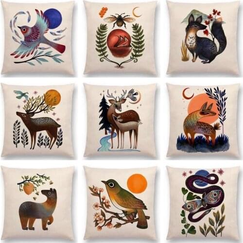 Retro Watercolor Totem Sofa Pillow Case Animals Deer Bear Bird Fish Fox Owl Snake Rabbit Heron Bee Cushion Cover double print