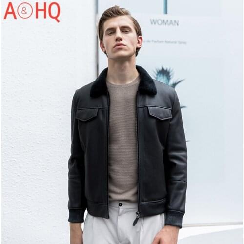 Real Sheep Shearling Man Jacket Mens Smooth Genuine Sheepskin Leather Jackets for Men Clothing Hommes Veste LXR1094