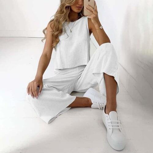 Summer Plus Size Solid Color Pant Suits Women Sleeveless Tops Wide-leg Loose Casual Sports Two Piece Sets Female Home Wear