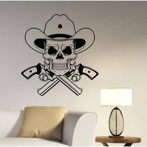 Cowboy Skull Wall Decal Gunman Pistol Guns Vinyl Window Sticker Texas Rangers Western Art Teens Bedroom Man Cave Home Decor Q687