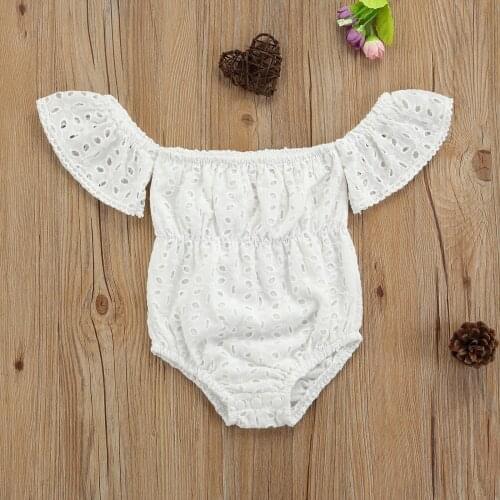 Newborn Baby Clothing 0-18M Summer Infant Baby Girls Rompers Off Shoulder Short Sleeve Lace Hollow Out Jumpsuits