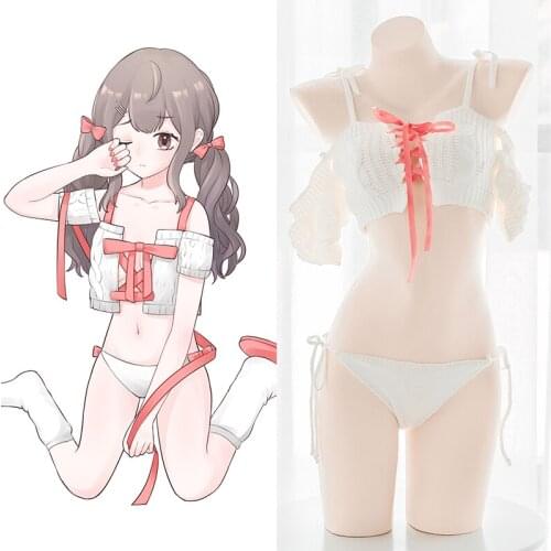 Sexy Sling Bandage Sweater Breast Wrap Puff Sleeve Lovely Ribbon Hollow Out Lolita Underwear set Kawaii Bra set girl Cosplay New