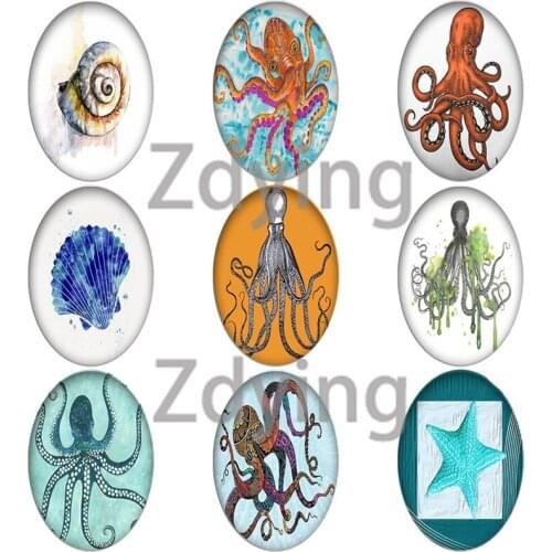 Zdying Retro Octopus Fish Pattern Oval Shape Glass Picture Cabochons Beads Demo For Base Tray Flat Back Making Jewelry Findings