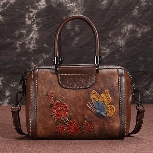High Quality Embossed Shoulder Messenger Female Hobo Tote Bags Women Handbag Genuine Leather Cross Body Top Handle Floral Bag