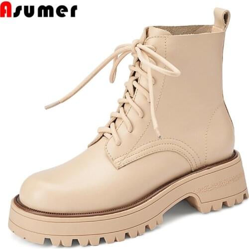 Asumer 2022 New Full Genuine Leather Boots Women Lace Up Platform Shoes Ankle Boots Round Toe Solid Color Autumn Shoes