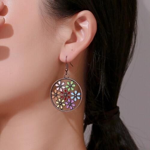 Imperial Pink Green Orange Blue Purple Yellow Retro Seven Flowers Alloy Circle Hollow Dangle Earrings & Drop Earrings for Women