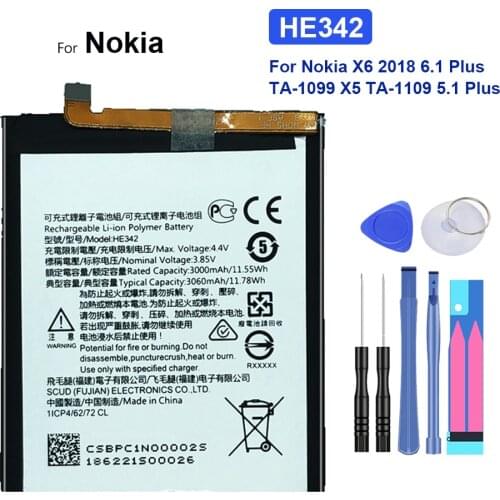 HE342 Battery For Nokia X6 2018 6.1 Plus TA-1099 X5 TA-1109 5.1 Plus HE 342 Mobile Phone Bateria NokiaX6 TA 1099 + Free tool
