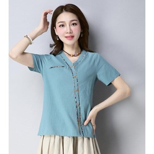 Summer 2018 New Women Blue Green Red Patchwork Short Sleeve Linen Blouse Shirt , Single Breasted Buttons 3XL Blouses For Woman