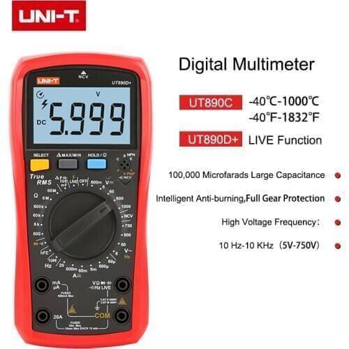 UNI-T Digital Multimeter True RMS UT890C UT890D+ Manual Range AC DC Frequency Capacitance Temperature Tester Backlight NCV