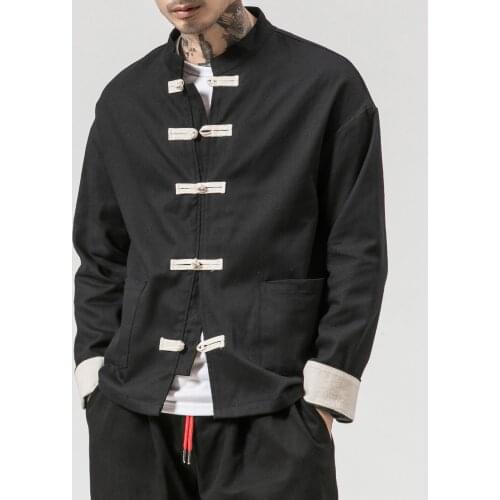 Chinese Style Retro Mens Autumn Buckle Collar Cardigan Large Size Fashion Linen Jacket Loose Comfortable Long Sleeve Shirt Men