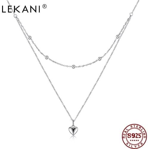 LEKANI Double Chain Necklace For Women S925 Sterling Silver Heart Shape Pendent Short Necklace Birthday Party Gifts Fine Jewelry