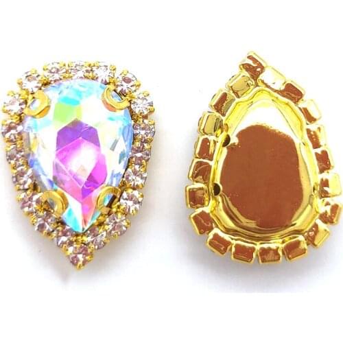 Hot Selling AB Color 10Pcs/Bag AAA+ Glass Teardrop Flatback Crystal Button, Gold Bottom Sew On Rhinestones