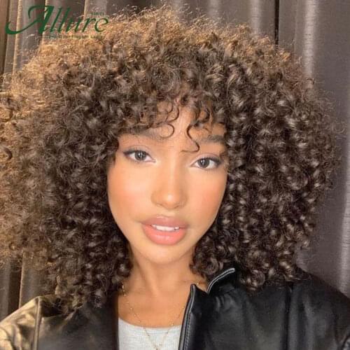 Natural Long Curly Wig With Bangs Jerry Curl Human Hair Wigs For Black Women Burgundy Brown Glueless Brazilian Remy Hair Allure