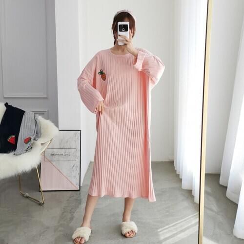 Spring Autumn New Style Nightdress Korean Fashion Long Sleeve Loose Double Side Milk Silk Pit Strip Nightdress Household Wear