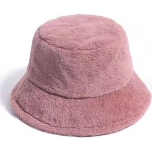 New Fashion Winter Outdoor Vacation Lady Panama Black Solid Thickened Soft Warm Fishing Cap Faux Fur Rabbit Bucket Hat For Women