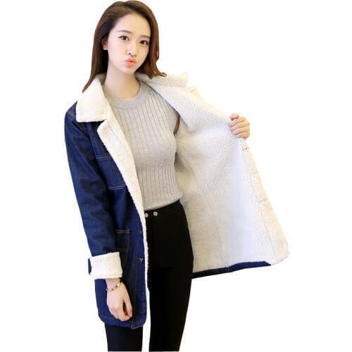 2019 Autumn Winter Basic Jacket Lambswool Bomber Jacket Women Long Sleeve Casual Single Breasted Long Denim Jackets Outwear R930