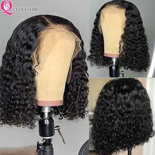 Short Curly Human Hair Wigs 13x4 13x6 Bob Transparent & Brown Lace Front Wig Remy Peruvian Pre plucked 360 Lace Frontal Wig 150