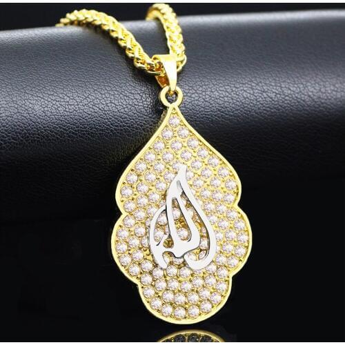 WEIYU Allah Pendant Gold Necklace Yellow Gold Color Islamic Big Rhinestone Pendant Religious Muslim Jewelry For Women Necklace
